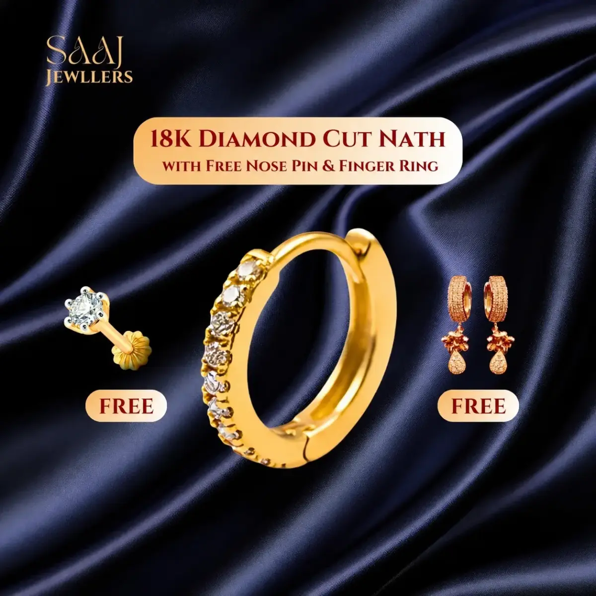 18K Traditional Gold Diamond Cut Nath With Free Nose Pin & Finger Ring